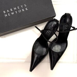 Barneys New York Black Pointed Leather Slingback Heels